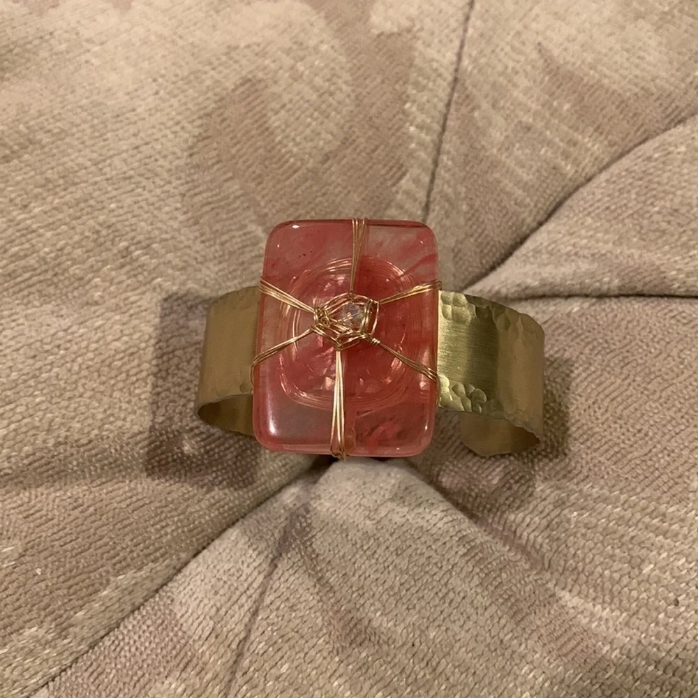 Hand Made Cuff bracelet. strawberry quartz and gold toned.